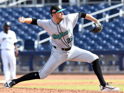 Simon Rosenblum-Larson of the Salt River Rafters pitches against the Peoria Javelinas on Oct. 16, 2019 in Peoria, Ariz.